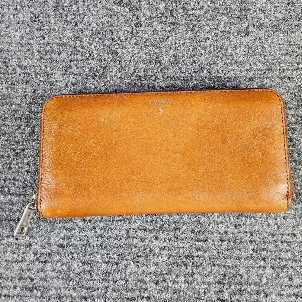 Fossil Wallet Womens Brown Leather Zip Around Accordion Credit Card Organizer
